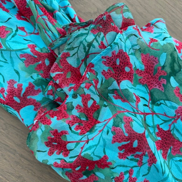 SALONI Rita Silk Maxi Dress Teal Blue Aquarium Floral Ruffle Sleeveless - US 2 - Picture 6 of 12